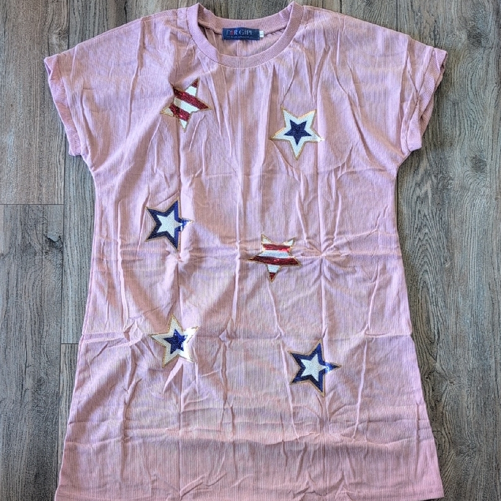 Patriotic Short Sleeve Dress Crewneck Pink with Sequined Stars Size Large - Picture 7 of 14